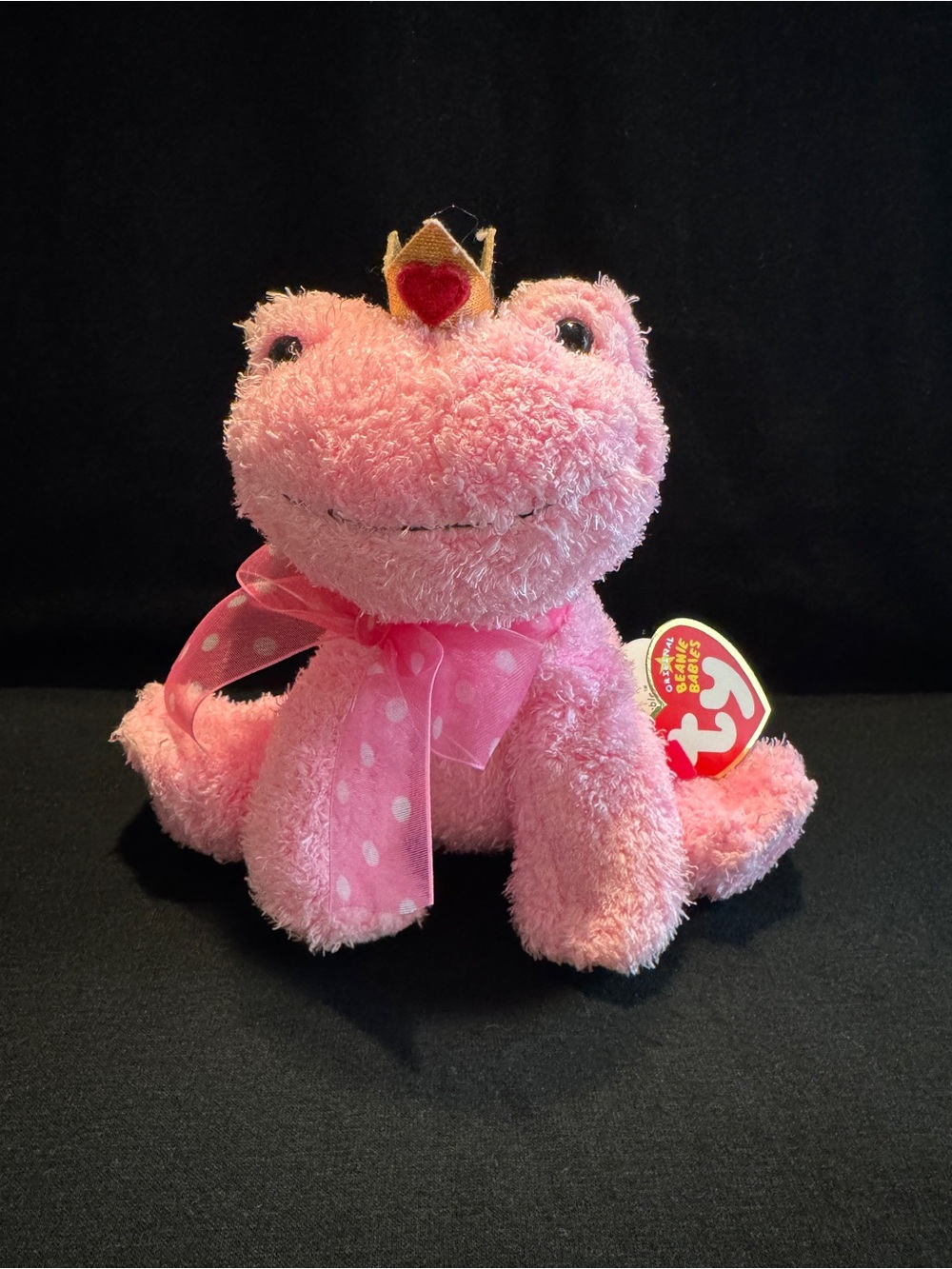 Ty Pink Princess Frog Plush with Crown and Polka-Dot Bow Named “Kissable”